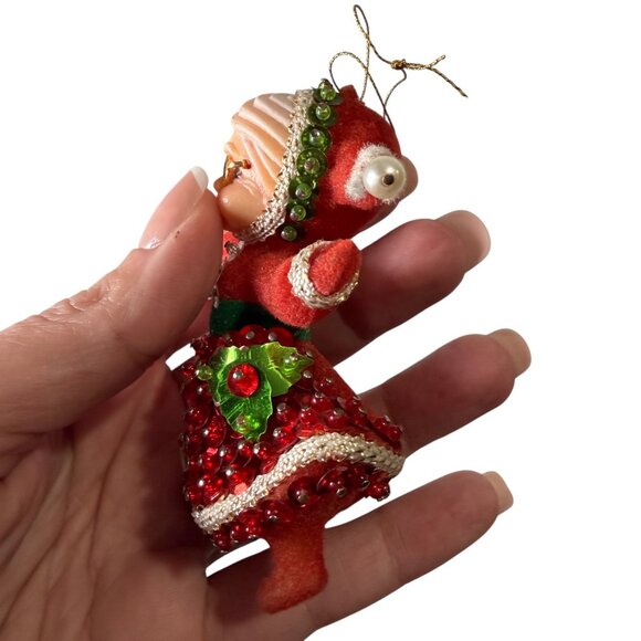 Vtg Mrs Claus Christmas Ornament 1960s-1970s Mod Red Sequin Beads Art Flocked - Picture 3 of 14